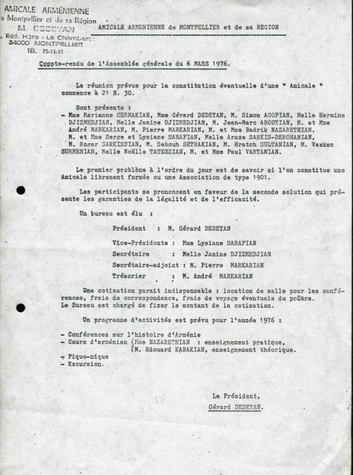 Compte rendu de l'AG du 6 mars 1976. Premier président : Gérard Dédeyan --- Cliquer pour agrandir